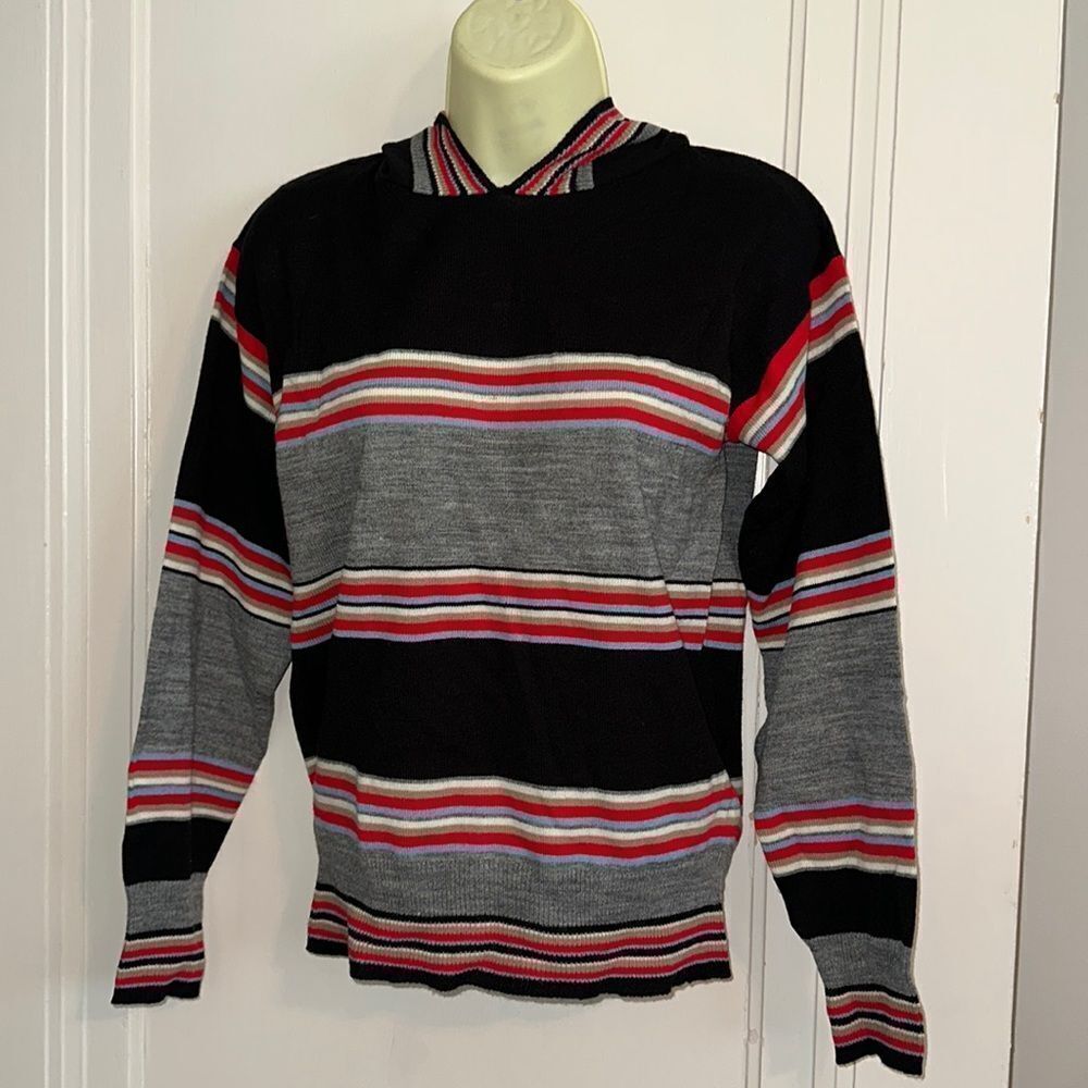 Vintage 70s Kmart striped black, red, gray & tan cream acrylic sweater with hood